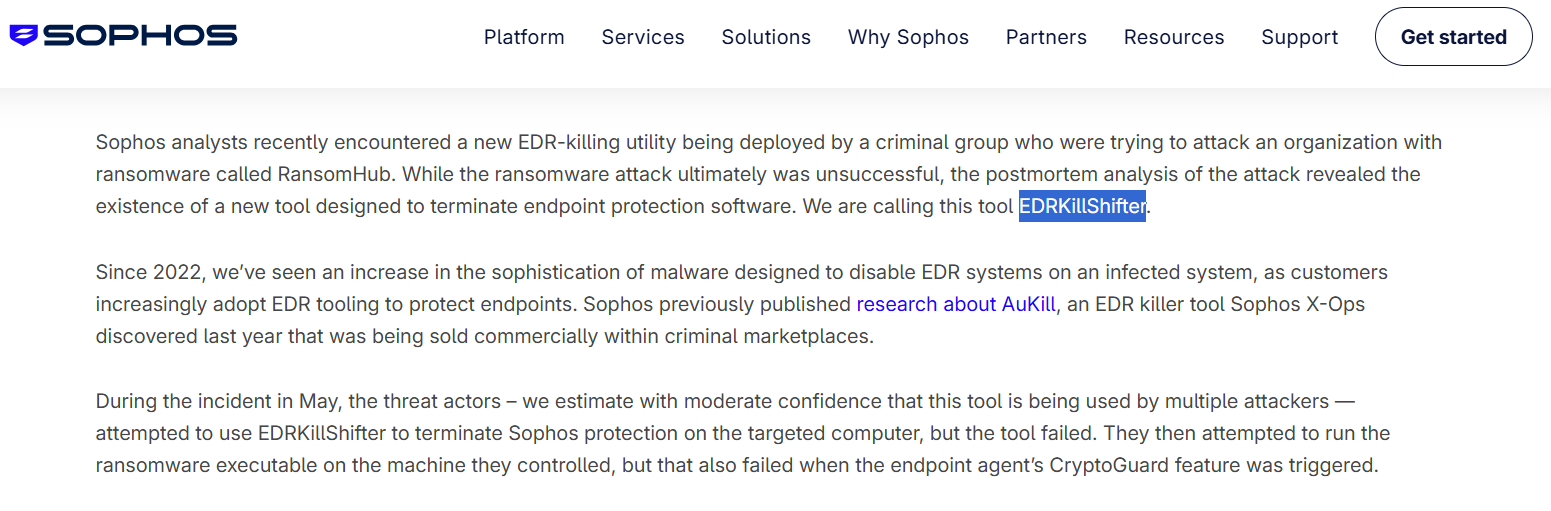 Sophos blog article. Text: "Sophos analysts recently encountered a new EDR-killing utility being deployed by a criminal group who were trying to attack an organization with ransomware called RansomHub. While the ransomware attack ultimately was unsuccessful, the postmortem analysis revealed the existence of a new tool designed to terminate endpoint protection software. We are calling this tool EDRKillShifter (highlighted in blue)."